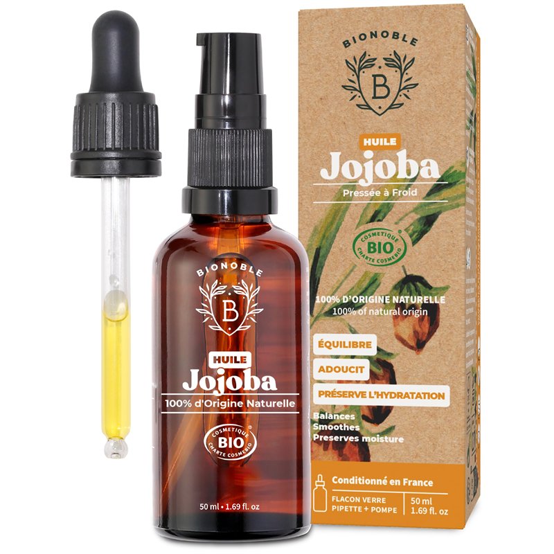 Bionoble Huile de Jojoba Bio 50ml + Pipette et Pompe - Bouteille en Verre - 100% Pure, Naturelle, Pressée à Froid - Huile de Jojoba