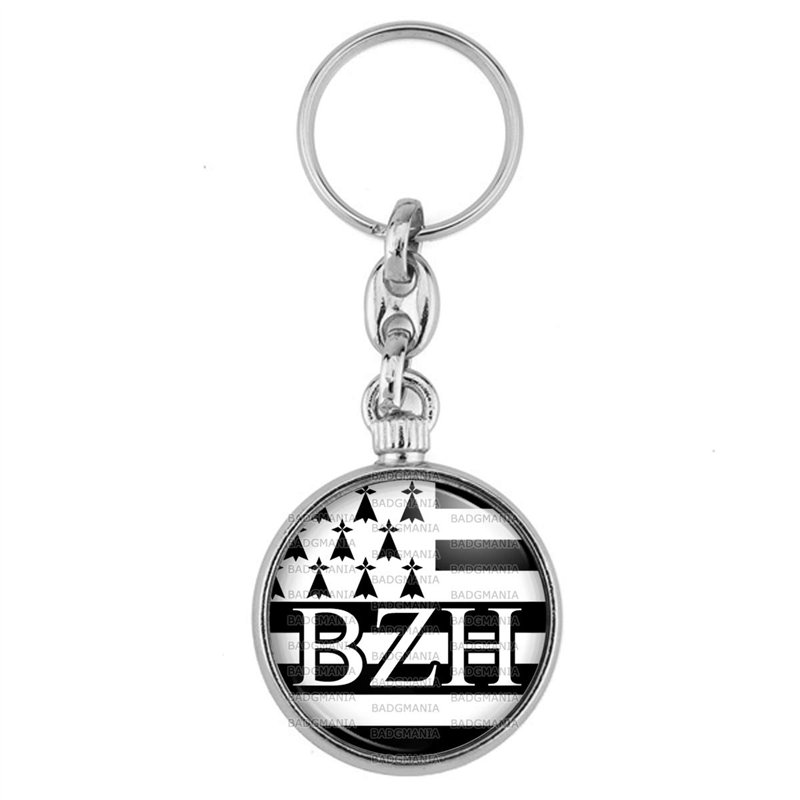 Badgmania Porte Clés Métal 2 faces Drapeau Breton Bretagne BZH Breizh Hermine Brezhoneg Noir Blanc Logo 33mm
