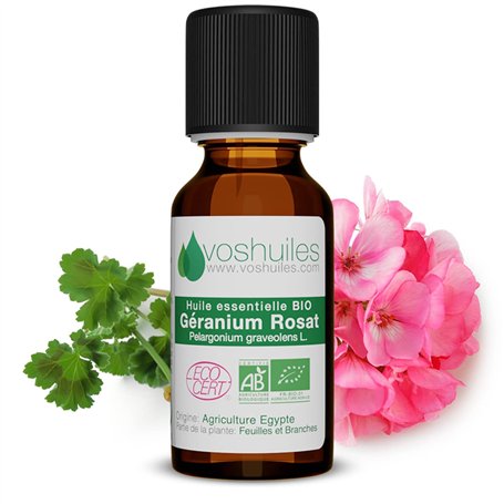 Voshuiles - Huile Essentielle Géranium Rosat - 5ml - 100% Pure et Naturelle - HEBBD - Entreprise Française