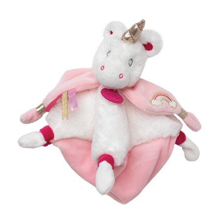 BABY NAT' - Doudou Licorne Souple Poussière d'Etoiles - Rose et Blanche - Broderie Arc en Ciel - Idée Cadeau Naissance - Doudou