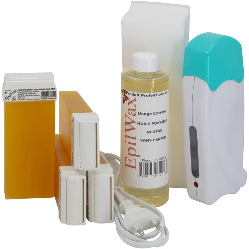 EpilWax - Kit Chauffe Cire Épilation Professionnelle avec 4 x Recharges Roll on Cire Miel, 100 x Bandes d'Épilation et Huile après