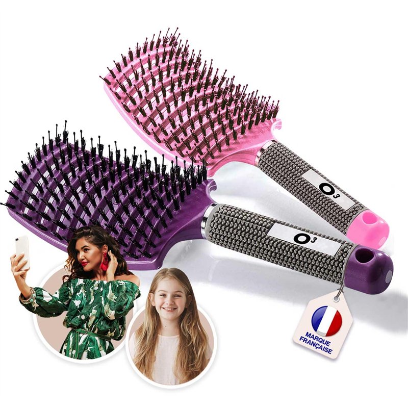 2 Brosses à Cheveux en Poils de sanglier- Démélant 100% Naturel - Démêler sans larmes ! Set Brosses (Rose et violette)