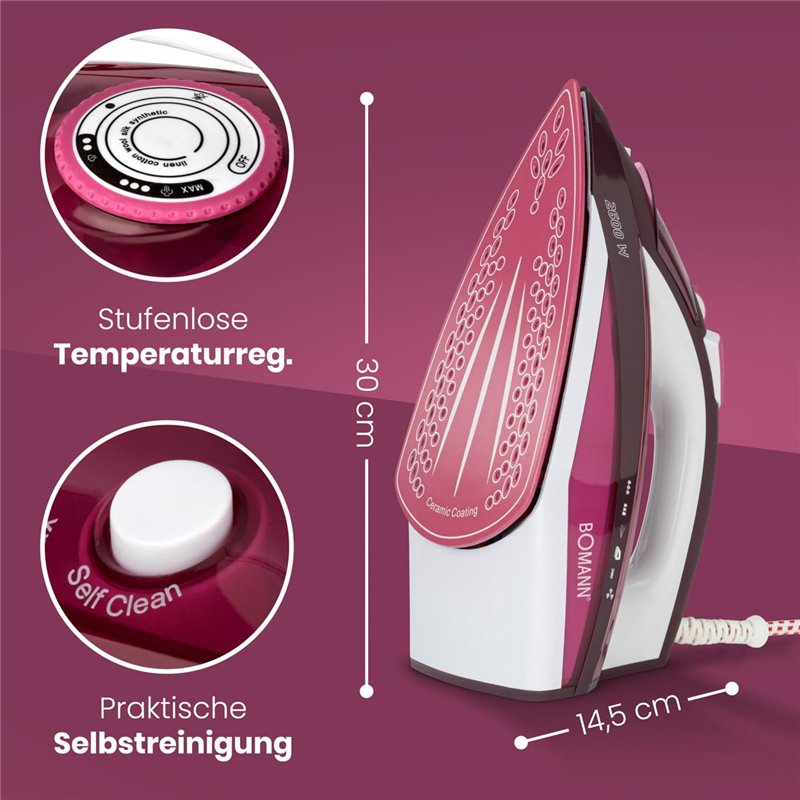 Image secondaire de Bomann, DB 6005 CB, Fer à repasser vapeur, 2600 W, Vapeur Verticale, Semelle Céramique anti rayures, 40 buses pour la Vapeur Bla