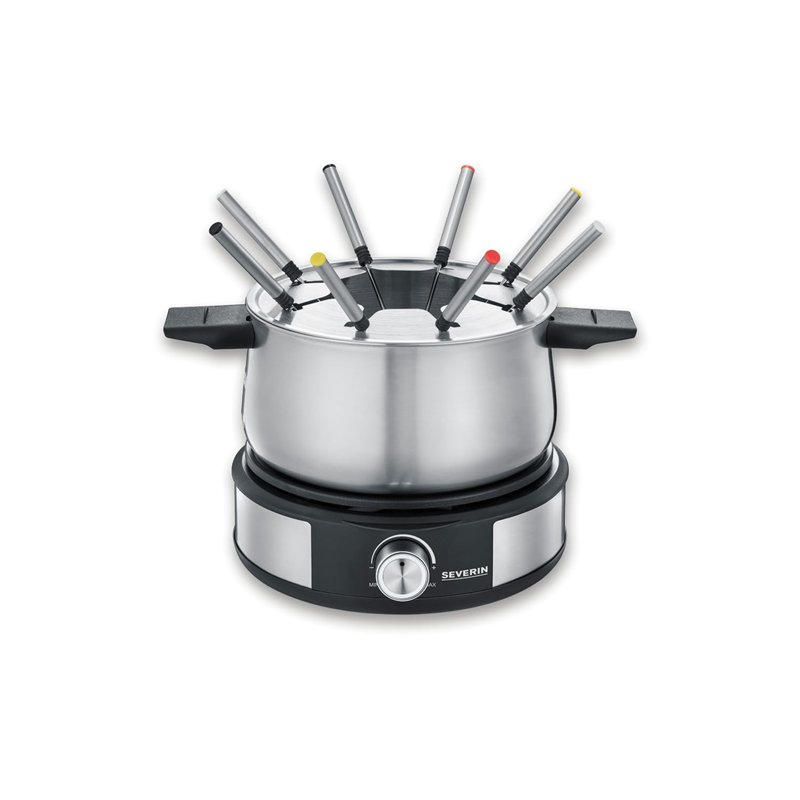 Severin Fondue Crêpière 2 en 1, Inclus 8 fourchettes à fondue, spatule à crêpe et répartiteur de pâte, Inox/Noir, FO 2471