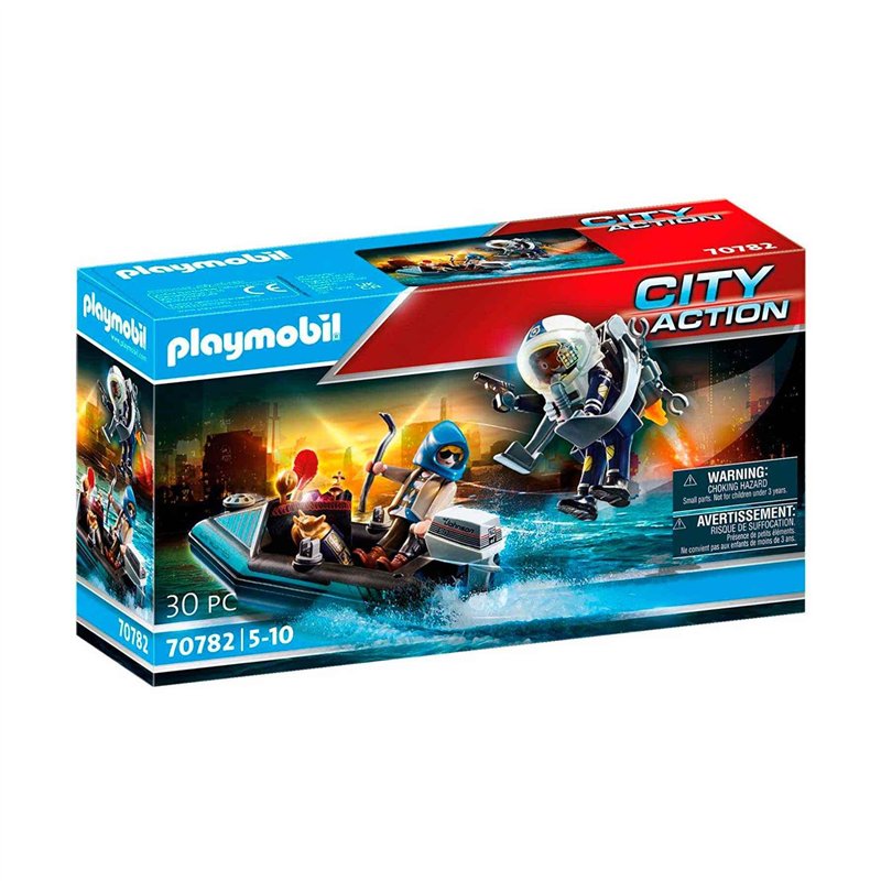 Playmobil 70782 Policier avec réacteur Dorsal et canoë - City Action - avec Deux Personnages, Un canot pneumatique à Moteur et U