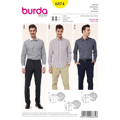 Burda B6874 Patron de Couture Chemise Homme 19 x 13 cm