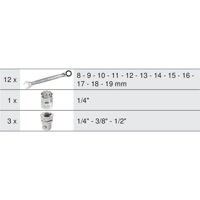 Image secondaire de KS TOOLS - 713.2027 - Module 12 clés mixtes à cliquet réversible GEARplus adaptateurs 1/4-3/8-1/2, 16 pièces - 8-19 mm - Mousse 