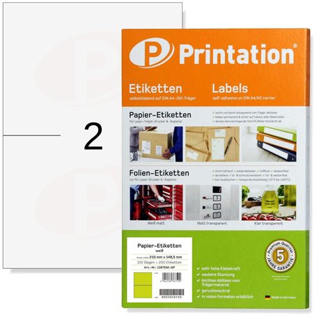 Printation Étiquettes Autocollantes 210 x 148 mm - 200 Étiquettes