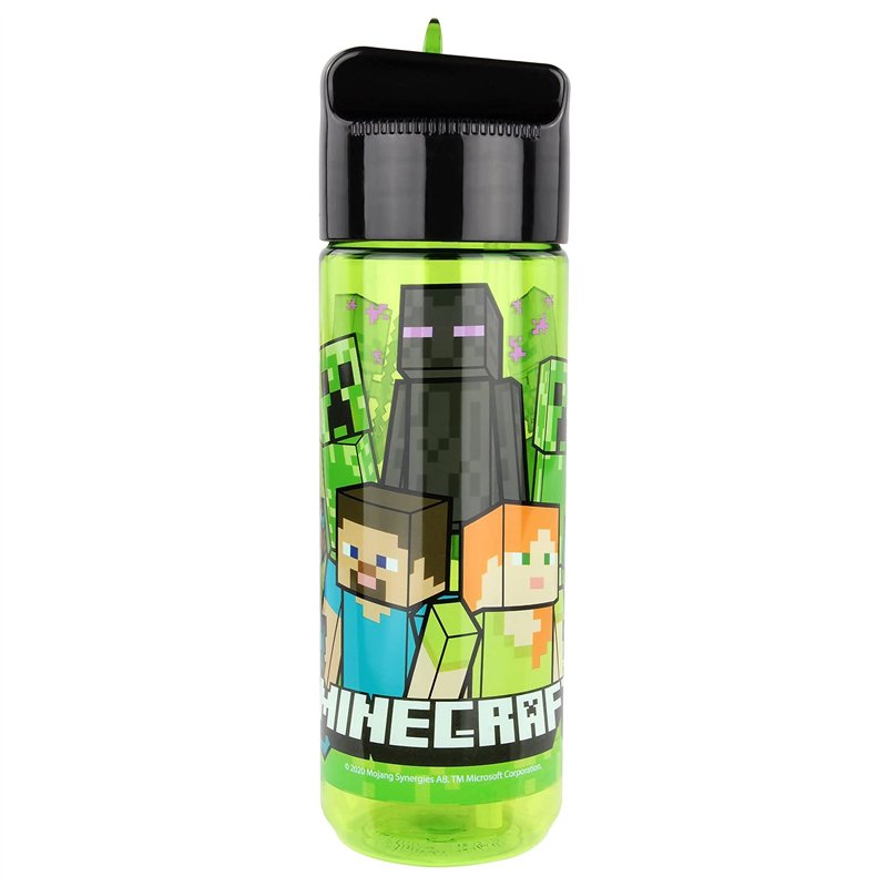 p:os 33171 - Gourde pour enfants, environ 540 ml, design transparent avec motif Minecraft et paille intégrée à rabat, en plastique