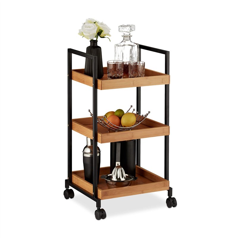 Relaxdays 10027598 Chariot de Service, Desserte de Cuisine, Bambou et Fer, 3 étages, carré, 4 Roues, 69,5 x 37 x 34 cm, Naturell