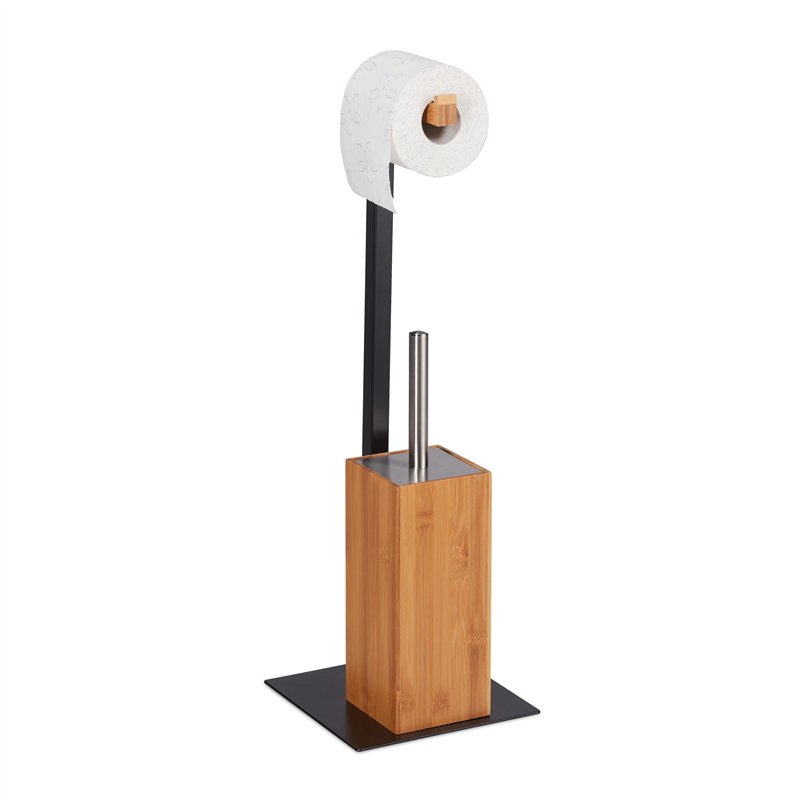 Relaxdays Brosse dérouleur Papier, Ensemble WC, Bambou & métal, Accessoire Toilette, 60x20x20 cm, Nature/Noir, 1 élément