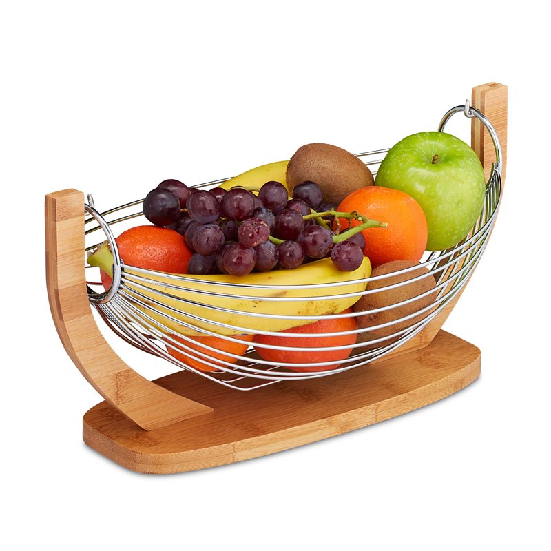 Relaxdays Corbeille à fruits Hamac bambou, barres inox, Balançoire, design grille déco, 18,5 x 38 x 23 cm, nature/argent
