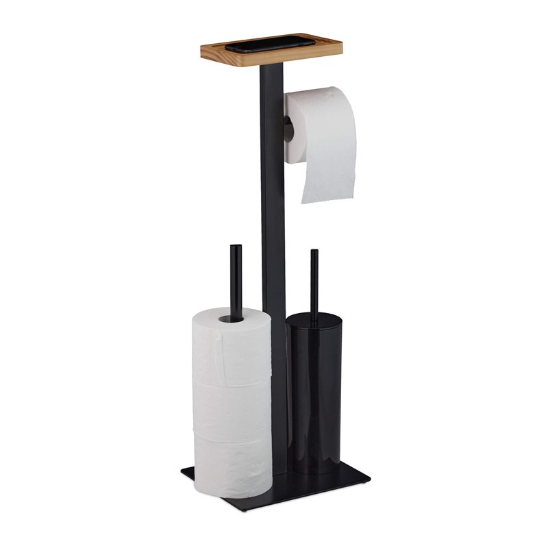 relaxdays Brosse WC et dérouleur Papier, Design Moderne, avec Support pour Portable, HLP 73 x 25 x 20 cm, Noir, Acier, 1 élément