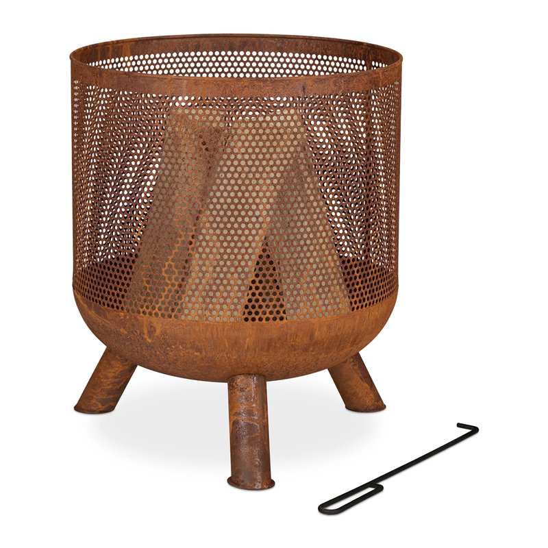 Relaxdays Brasero, Design Maille, Aspect Rouille, Grille de Foyer, tisonnier, HD : 53 x 44 cm, Vasque feu, Acier, Marron