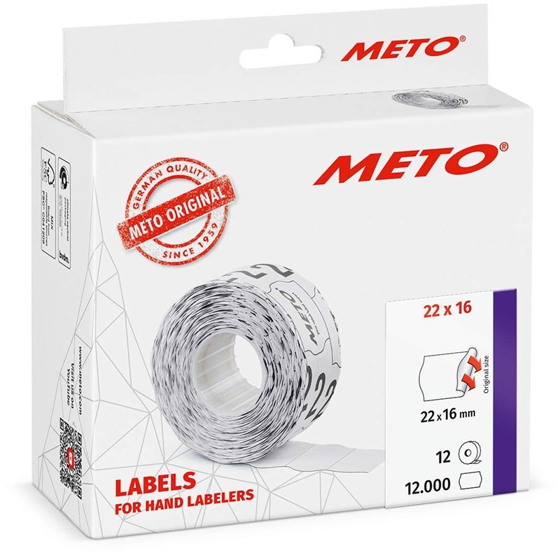 Étiquettes Meto pour étiqueteuse manuelle (22x16 mm, 2 lignes, papier blanc, 12 000 étiquettes, adhésives permanentes, pour appa