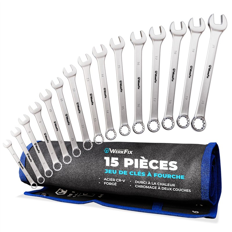 WERKFIX Jeu de Clés Plates Mixtes - 15 Clés à fourches polygonales 6-21 mm. Clés Mixtes + Sac de transport.