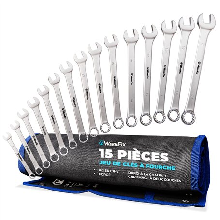 WERKFIX Jeu de Clés Plates Mixtes - 15 Clés à fourches polygonales 6-21 mm. Clés Mixtes + Sac de transport.
