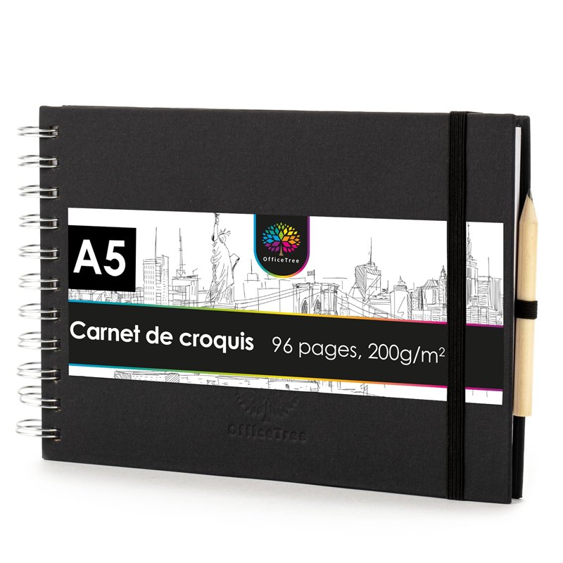 OfficeTree Cahier de Dessin A5-96 Pages 200g Papier Blanc - Format Paysage - Carnet de Croquis A5 Spirale - Sketchbook A5 - Carn