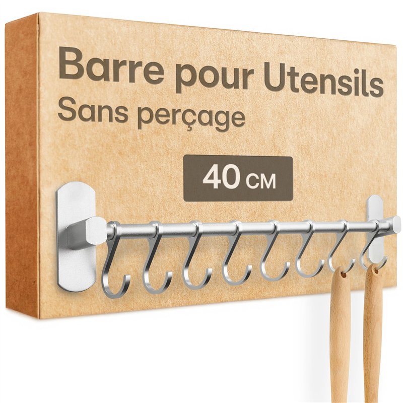 Praknu Barre de Suspension pour Ustensiles de Cuisine avec 8 Crochets - Adhésive & Sans Perçage - Fixation Murale 40 cm - Durable