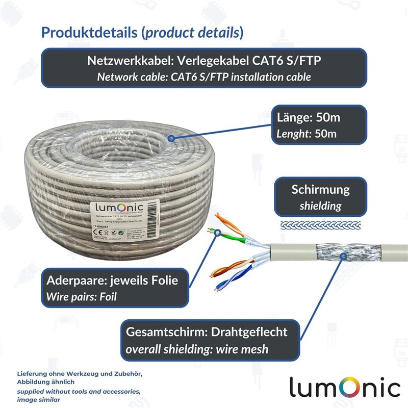 Image secondaire de Lumonic 50m de câble réseau CAT 6 S/FTP PIMF I Câble Cat6, câble Gigabit Lan, câble Ethernet I Câble de pose flexible blindé, po