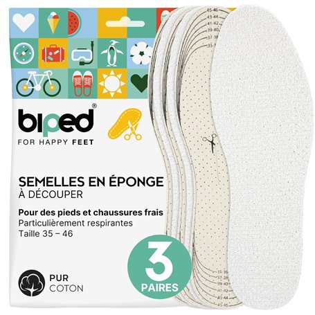 biped 3 paires de semelles pieds nus à découper - semelles intérieures en éponge 100% coton et latex amortissant doux - semelles