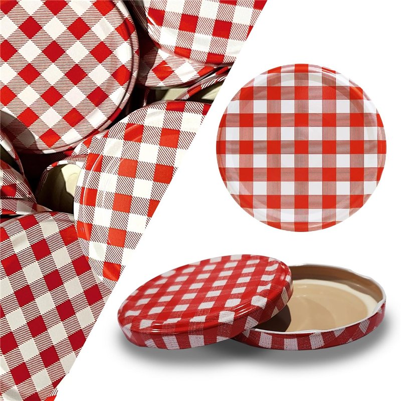 Lot de 50 couvercles pour bocal To 82 modèle 230 / 350 ou 435 ml. Motif carreaux Rouge