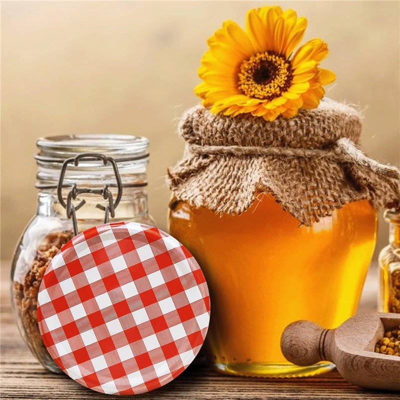 Image secondaire de Lot de 50 couvercles pour bocal To 82 modèle 230 / 350 ou 435 ml. Motif carreaux Rouge