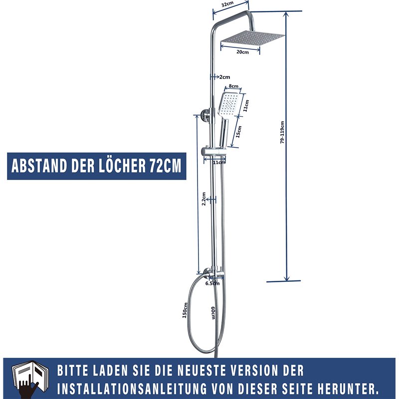 Image secondaire de Système de douche en acier inoxydable de ELBE, douche à effet pluie avec pommeau de douche en acier inoxydable 304 20x20cm carré