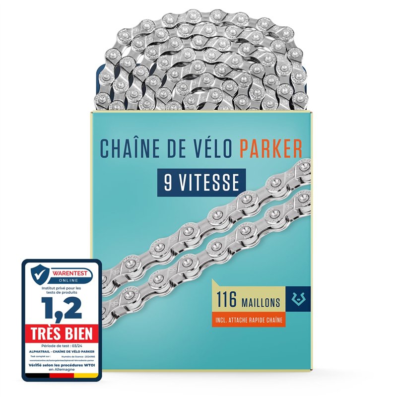 Alphatrail Chaîne de Vélo Parker 9 Vitesses 116 Maillons I Compatible avec Shimano, SRAM, KMC, Connex I Incl. Attache Rapide Cha