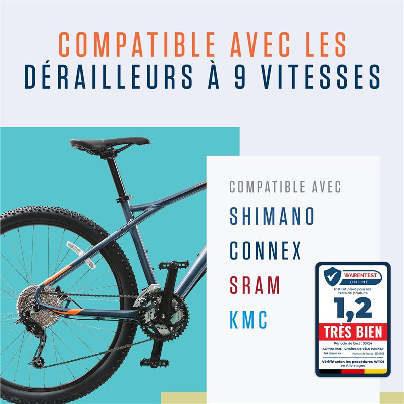 Image secondaire de Alphatrail Chaîne de Vélo Parker 9 Vitesses 116 Maillons I Compatible avec Shimano, SRAM, KMC, Connex I Incl. Attache Rapide Cha
