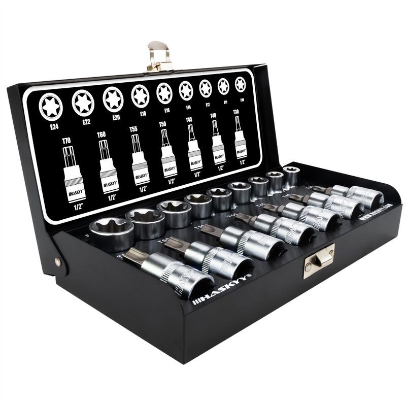 Image secondaire de Haskyy Professional 16 pièces Jeu de douilles Torx d'embouts I Jeu d'écrous I T30-T70 55mm de long I E10-E20 39mm de long