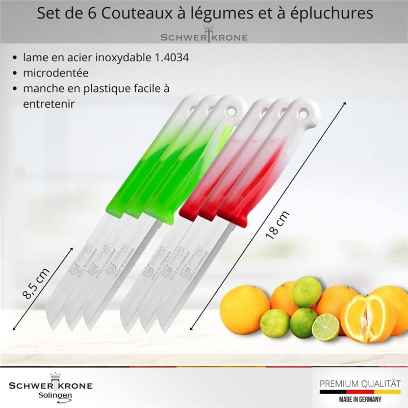 Image secondaire de Schwertkrone Ensemble de 6 Couteaux Multicolores en Acier Solingen avec Lame Dentelée 8,5cm - Idéal pour Fruits, Légumes, Viande