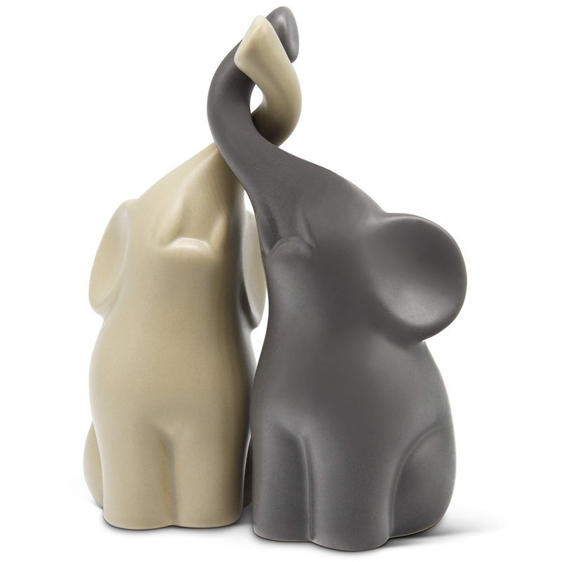 Couple harmonieux d’éléphants en céramique Beige & Gris - Sculpture Moderne, Couple de Deux éléphants indépendants - Figurine de