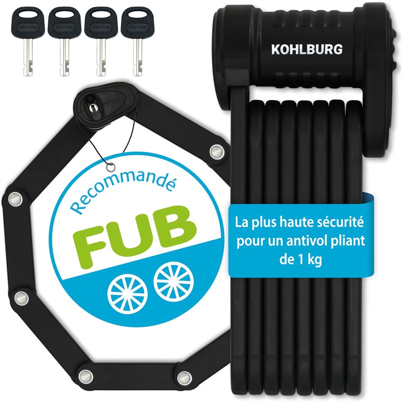 KOHLBURG Antivol velo de sécurité pliable [FUB 2 roues homologué] - Antivol vélo pliant 89 cm avec niveau de sécurité le plus él