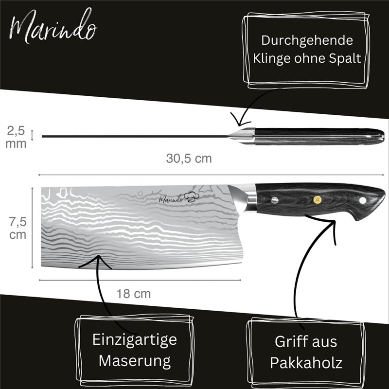 Image secondaire de Marindo® Couteau de chef chinois acier inoxydable | longueur de lame 18cm | hachette de cuisine avec triple manche en bois rivet