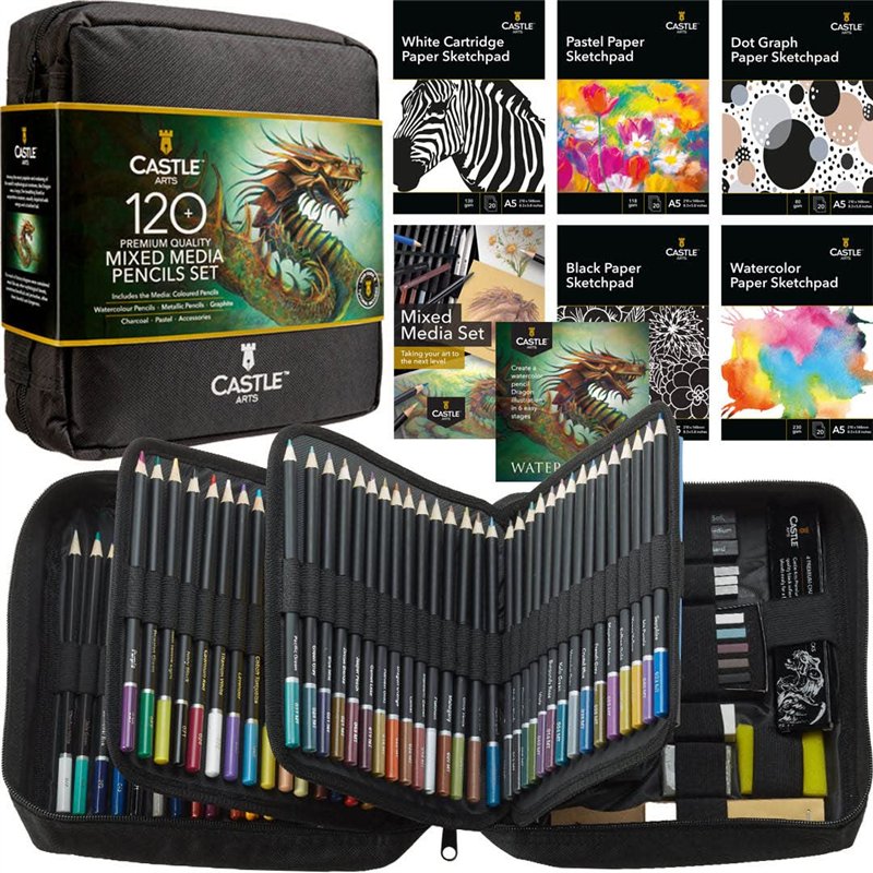 Castle Art Supplies Lot de 120 crayons artistiques mixtes - Collection de crayons de couleur, crayons aquarelle, pastels, crayon