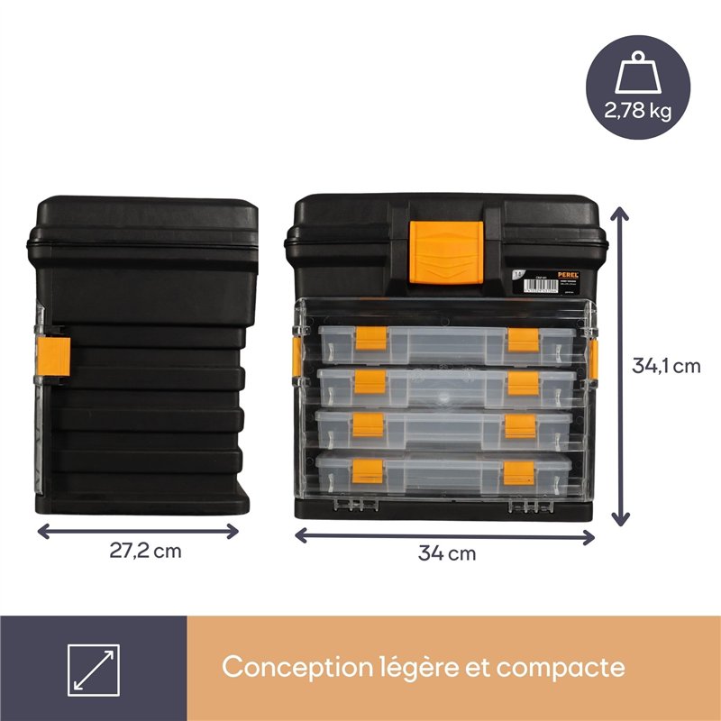 Image secondaire de Perel Coffret de rangement multifonctionnel, boite à outils, boite de rangement vide, caisse outil plastique, portable, avec 4 