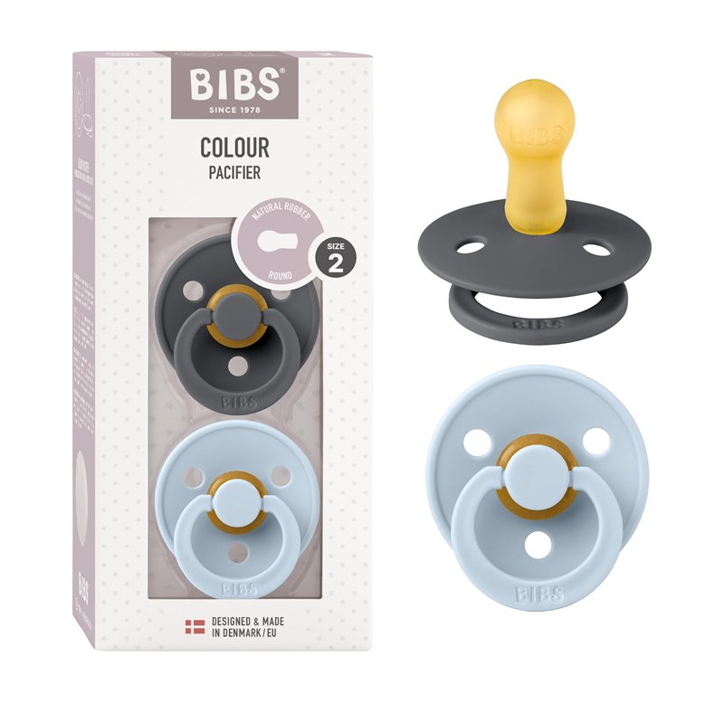 Tétine BIBS Colour. Lot de 2 sucettes. Sans bisphénol A, Téterelle ronde. Latex de caoutchouc naturel, Fabriqué au Danemark. 6+ 