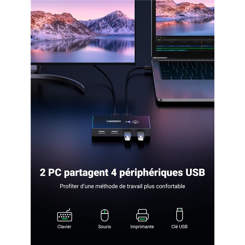 Image secondaire de UGREEN USB 2.0 Switch Ports pour 2 PC Entrées 4 Sorties Commutateur pour Clavier Souris Disque Dur Externe Imprimante Scanner Câ