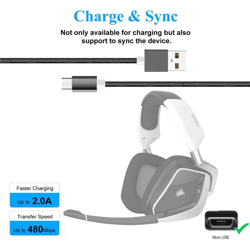 Image secondaire de Câble de charge USB de rechange pour casque de jeu Corsair Gaming Void RGB Elite sans fil Premium Câble micro USB (1,5 m, noir)