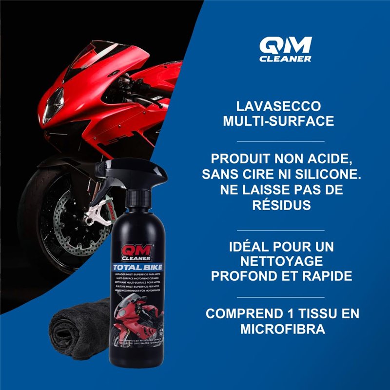 Image secondaire de QM Cleaner - Total Bike Nettoyant multi-surfaces pour motos | Kit de nettoyage à sec pour mots et vélo - Comprend un microfibre