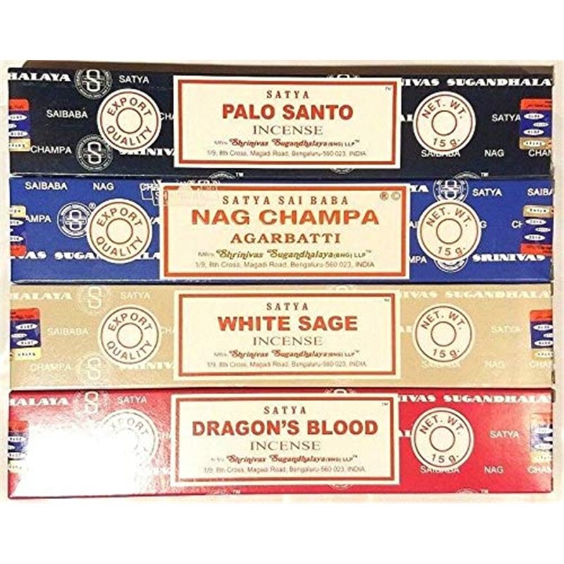 Lot de 4 boîtes d'encens Nag Champa, Palo Santo, Dragon, Sauge Blanche