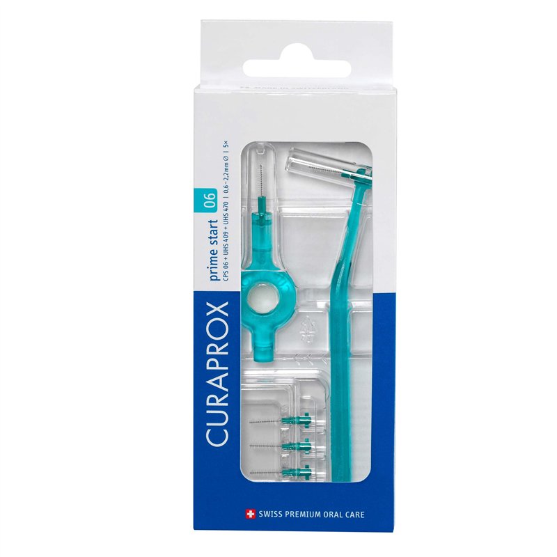 Curaprox Interdentalbürsten-Set CPS 06 prime start, Starterset mit 5 Bürsten, 2 verschiedene Halter, türkis, 0.6 mm Durchmesser,