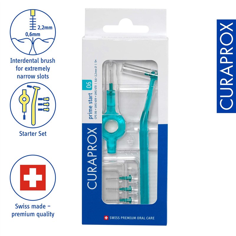 Image secondaire de Curaprox Interdentalbürsten-Set CPS 06 prime start, Starterset mit 5 Bürsten, 2 verschiedene Halter, türkis, 0.6 mm Durchmesser,
