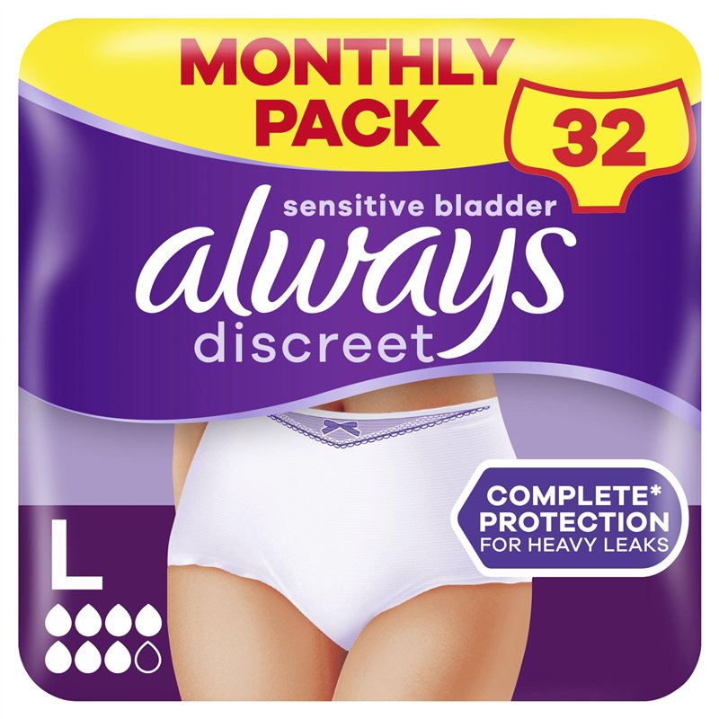Always Discreet, 32 Culottes Incontinence Femme, Plus 6 Gouttes, Sous-Vêtements Taille L, Blanc, Protection Très Absorbante pour