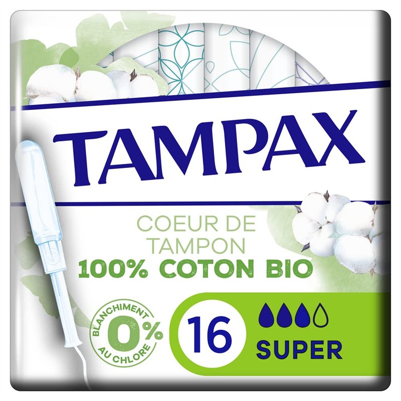 Tampax Cotton Protection, Super, 16 Tampons Avec Applicateur en Plastique Végétal, Flux Moyens à Abondants, Coeur de Tampon En C