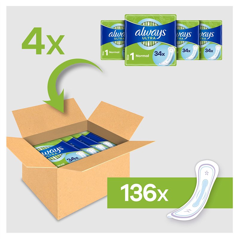 Image secondaire de Always Ultra Serviettes Hygiéniques, Taille 1, Normal, 136 Serviettes Sans Ailettes, Flux légers Jour, Format Eco, Max Confort