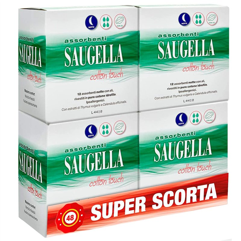 Saugella Saugella Cotton Touch Serviettes Extérieures Nuit Action Anti-odeurs Avec Ailes En Coton Hypoallergéniques 48 Pièces