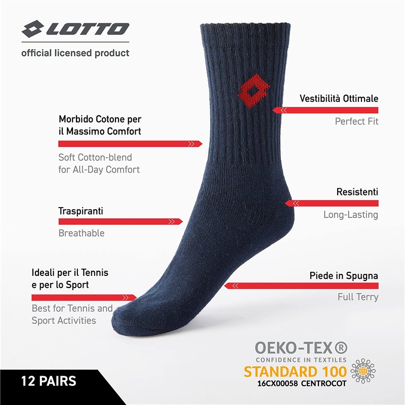 Image secondaire de Lotto, 12 Paires Chaussettes de tennis homme/femmes en coton doux et respirant, certificats OEKO-TEX, couleurs assorties, 39-42