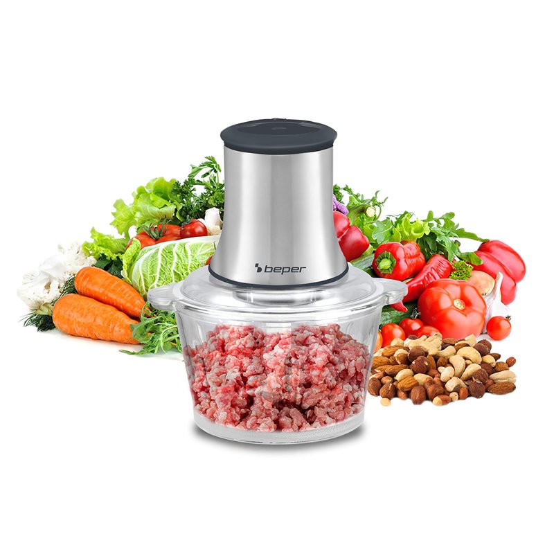 BEPER P102ROB001 Hachoir en verre, récipient en verre, corps Abs, double paire de lames en acier, 2 vitesses, base antidérapante